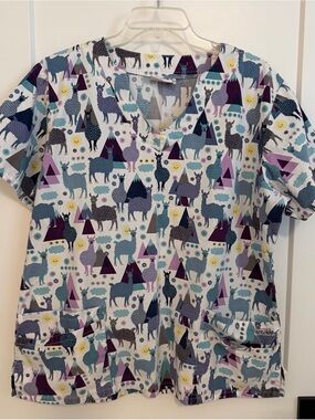 Llama Print Scrub Top in Teal & Purple